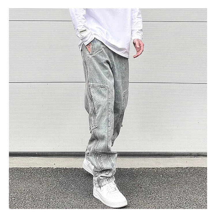 side long zipper open denim jeans mens elastic waist straight biker trousers jeans fashion streetwear hip hop jean pants joggers unique joggers style 2548