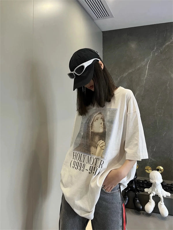 Cyberpunk Aesthetic print tee – Vtg Summer Printed Holy Mother Portrait Short Sleeved T Shir