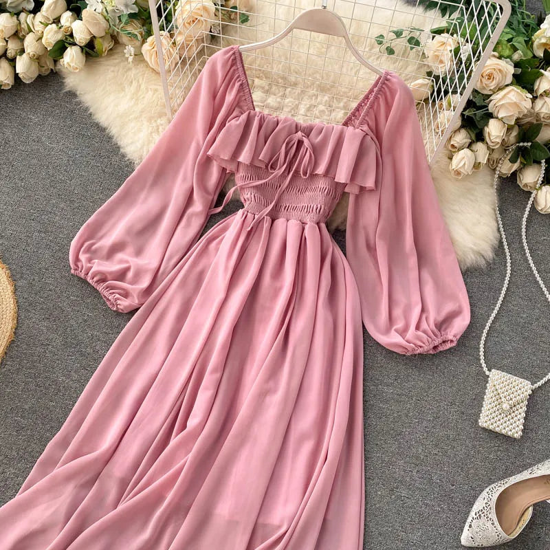 Chic Elegant Square Collar Maxi Dress Women Solid Chiffon Puff Sleeve Dresses 2023 Korean Fashion Vintage Ruffle Vestidos