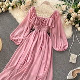Chic Elegant Square Collar Maxi Dress Women Solid Chiffon Puff Sleeve Dresses 2023 Korean Fashion Vintage Ruffle Vestidos
