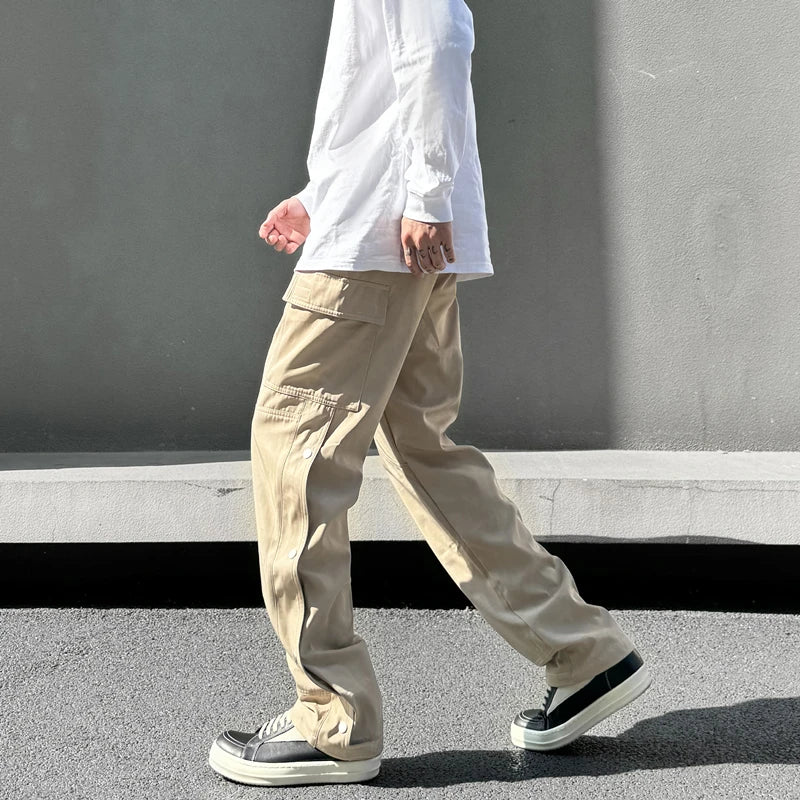 fashion casual hip hop joggers side button trousers elastic waist drawstring track sweatpants new cargo streetwear mens pants unique joggers style 4766