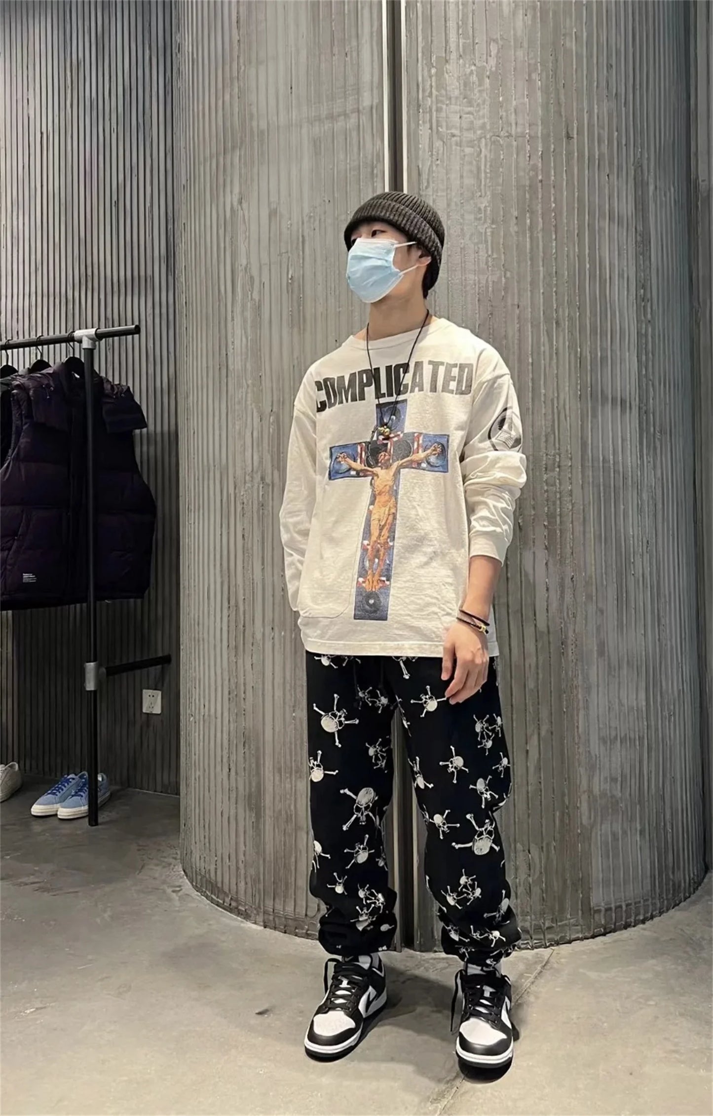 Summer 24ss Cross Print Brand Fashion Round Neck High-Street Round Neck Cotton Long Sleeve T Shirt Pullover