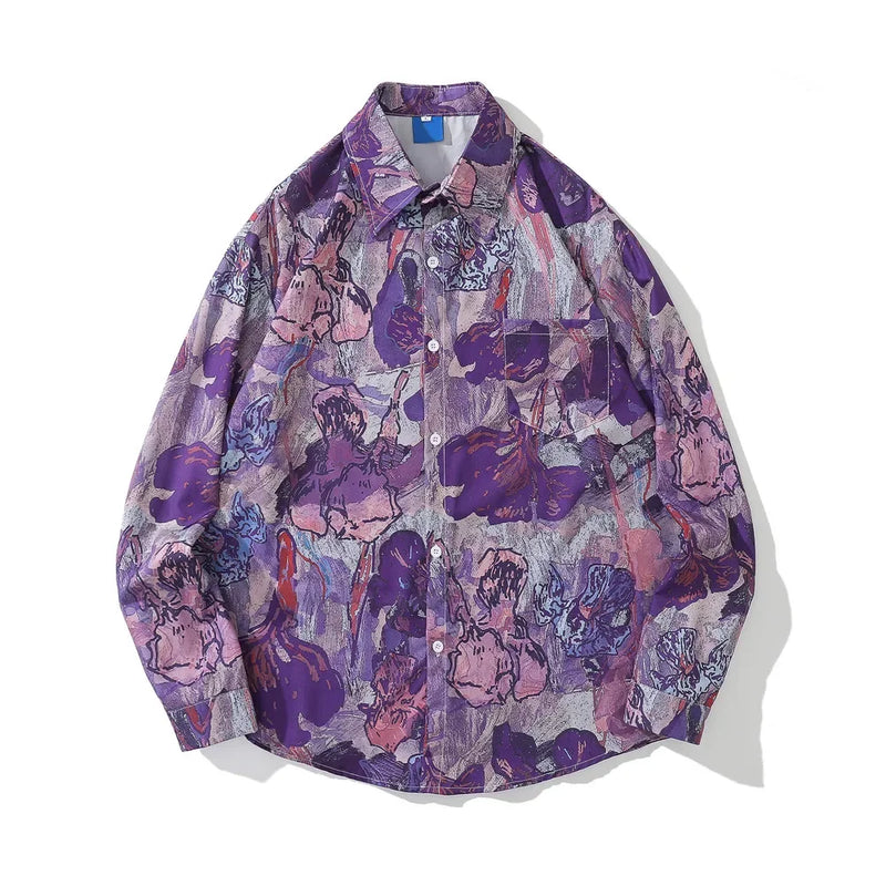 Dark Icon Full Printing Oversized Men's Blouse Turn-down Collar Shirts for Men Long Sleeve