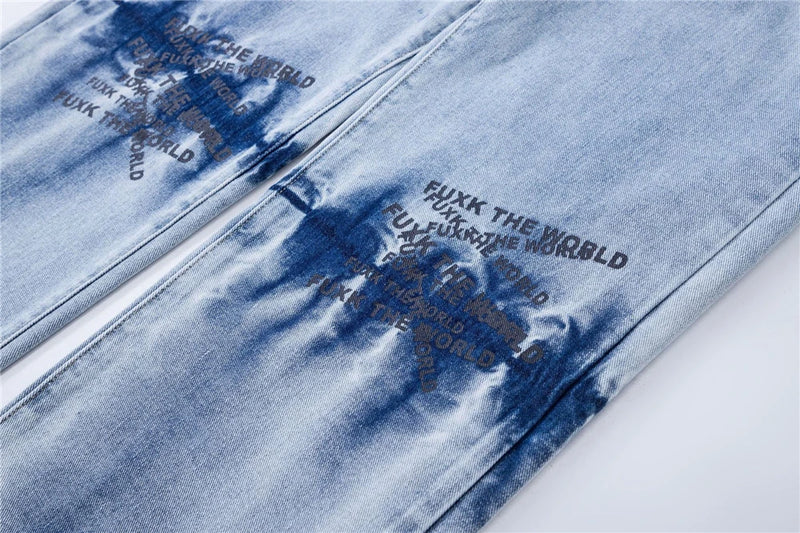 2024 Streetwear Blue Jeans Letter Printing Vintage Retro Denim Trousers Harajuku Jogger Denim Jeans Hipster