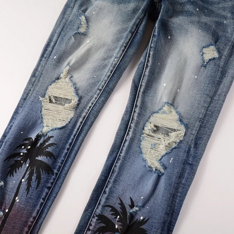 high street printed ripped holes denim jeans mens casual slim fit biker zipper trousers streetwear hip hop jean pants joggers unique joggers style 3463