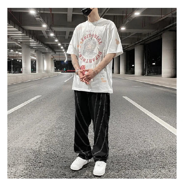 fashion design lines denim jeans mens zipper loose straight trousers hip hop new casual streetwear pants joggers baggy jeans unique joggers style 1453