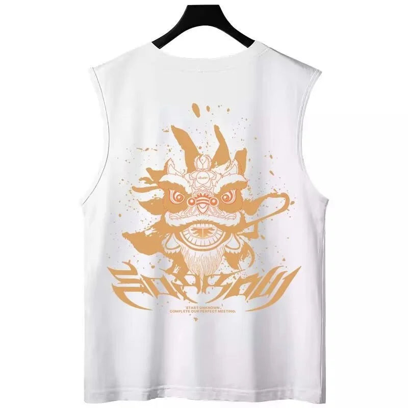 Gothic Oversized shirt – Summer Anime Lion Dance Printed Sleeveless T Shirt Men Overs