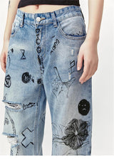 men baggy ripped jeans graffiti printed straight denim pants distressed jeans male streetwear hip hop jeans trousers y2k unique jeans style 5599
