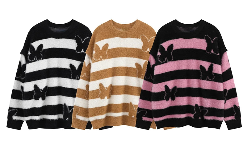 fashion striped sweaters women casual botton open sleeves butterfly knitted streetwear y2k warm furry o neck pullover knitwear - 2025 streetwear drop, bold artwork streetwear hoodie, unisex casual winter pullover