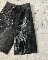 y2k american street retro graffiti anime print oversized denim shorts men shorts high waist fashion loose casual wide leg pants unique jeans style 3507