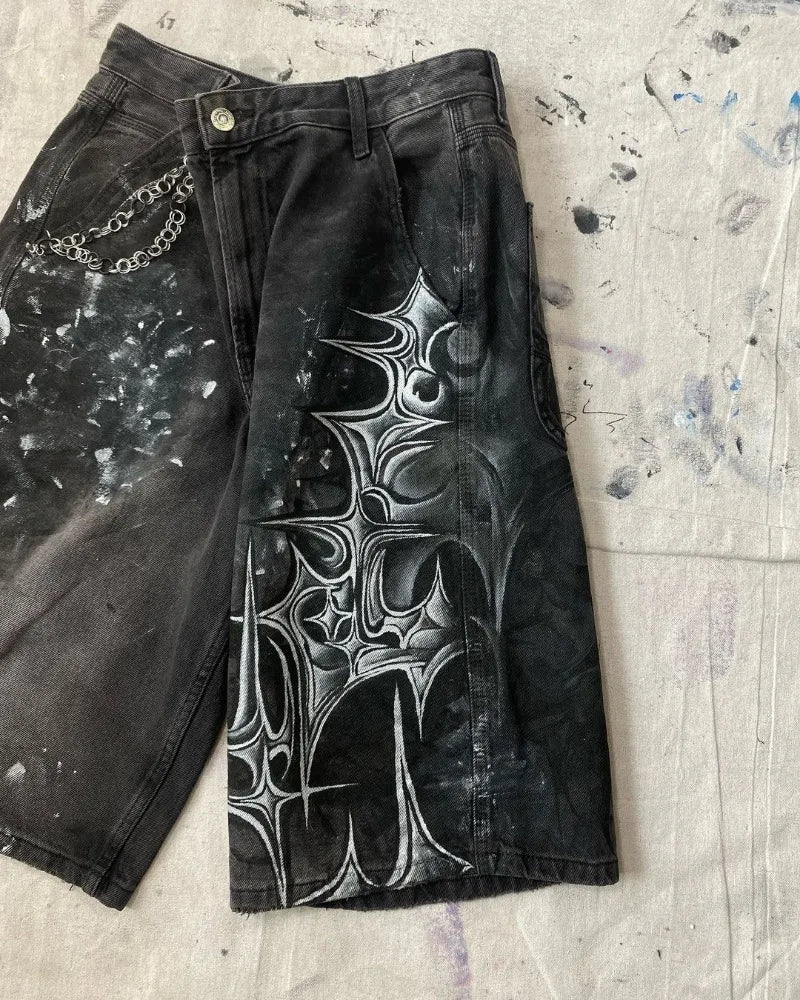 y2k american street retro graffiti anime print oversized denim shorts men shorts high waist fashion loose casual wide leg pants unique jeans style 3507