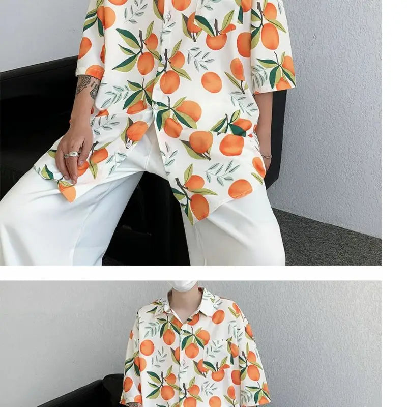 Gothic Streetwear – Orange Cute Fruit Peaches Full Print Shirts Loose Half Sleev – Modern Streetwear for Everyone