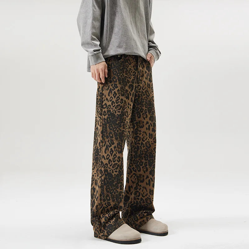 men leopard print denim loose casual plus size baggy jeans women streetwear hip hop straight y2k jeans pants trousers denim street jeans