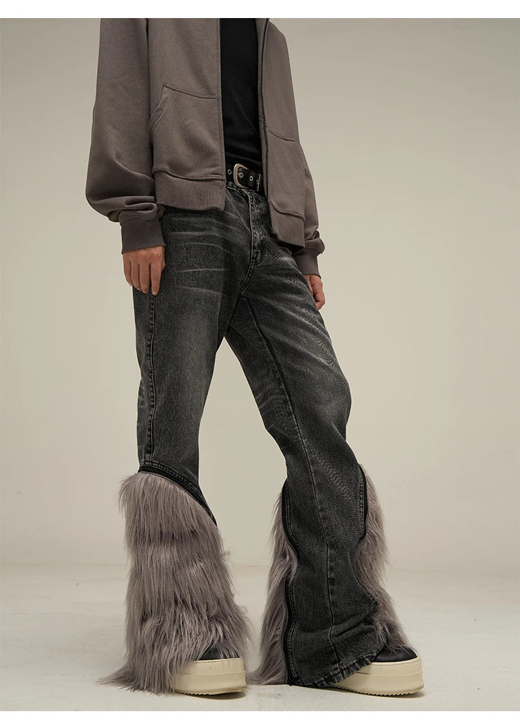 harajuku denim straight jeans men trousers high street zipper detachable fur bottom streetwear casual loose joggers jean pants unique joggers style 3975