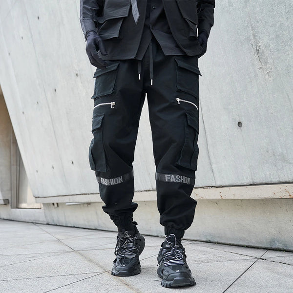 mens side pockets cargo pants elastic waist trousers streetwear hip hop loose fit ankle drawstring military sweatpants joggers sporty tapered joggers