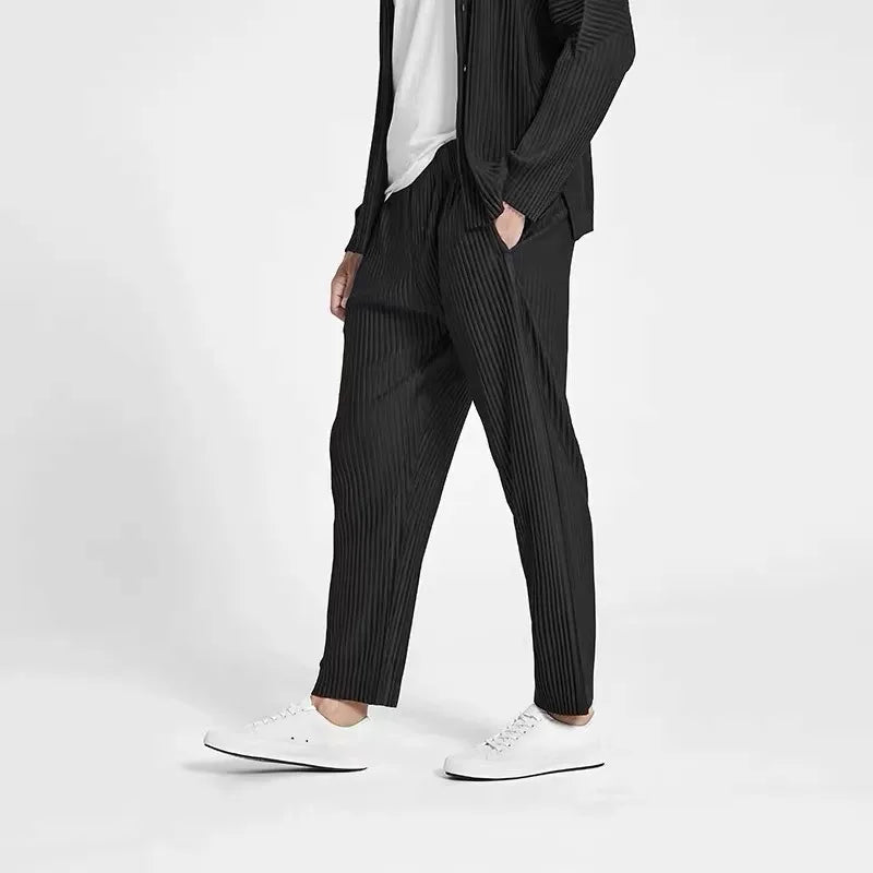 summer pleated pants men fashion gray black casual pants men japanese streetwear loose straight pants mens ice silk trousers menswear bottoms