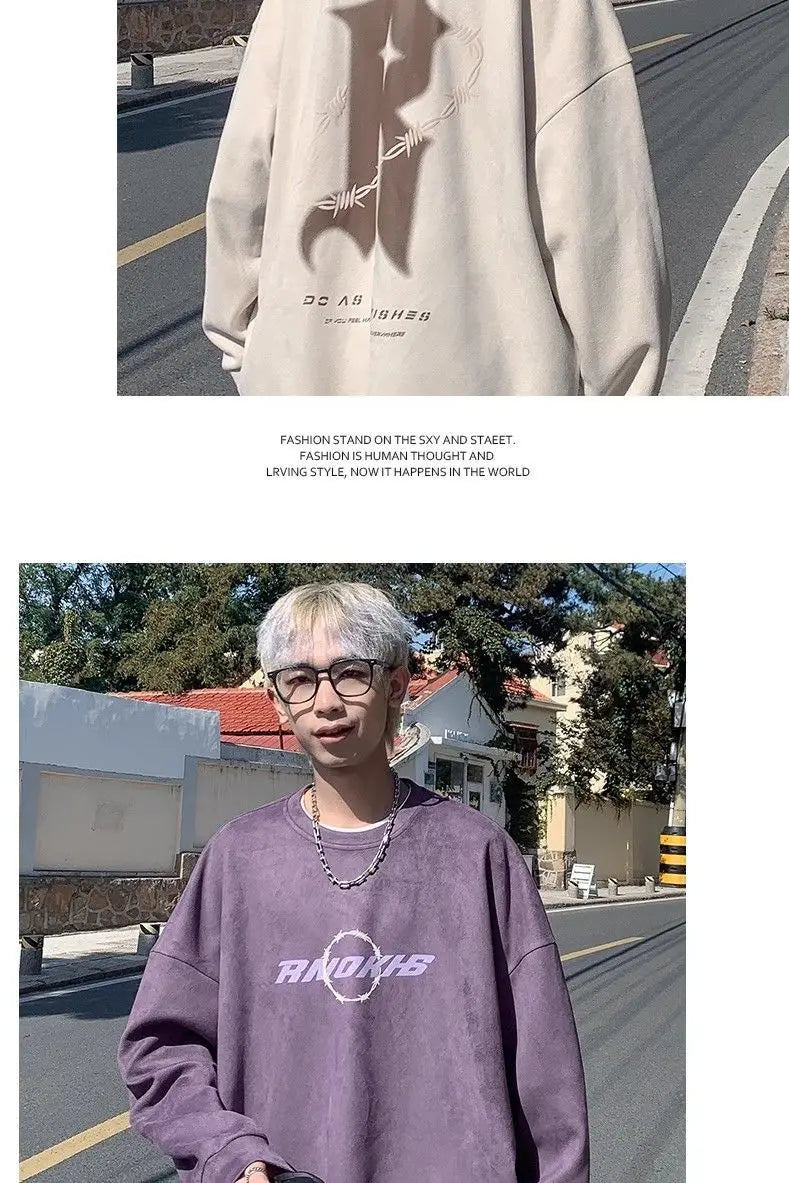 Korean Personalized Street Buckskin Sweatshirt for Men in Autumn and Winter New Trendy Y2K American Retro Student Round Neck Top