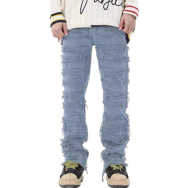 tassel hole spliced european and american straight leg denim pants new popular patch jeans mens wear urban skinny jeans