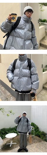 Winter Jacket Men Parkas Thicken Warm Coat Stand Collar Oversize Parkas Bright Leather Fabric Jacket Korean Style Padded Coat