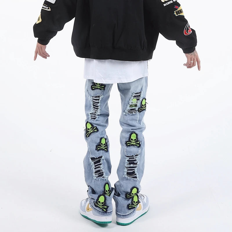 skull embroidery patchwork ripped denim jean pants fashion biker straight trousers streetwear hip hop joggers pant men clothing unique joggers style 2383
