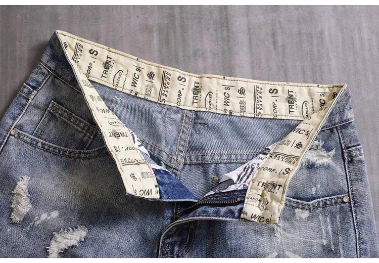 Men's Denim Shorts With Holes Washed Korean Style Straight Quarter  Patch Casual Jeans