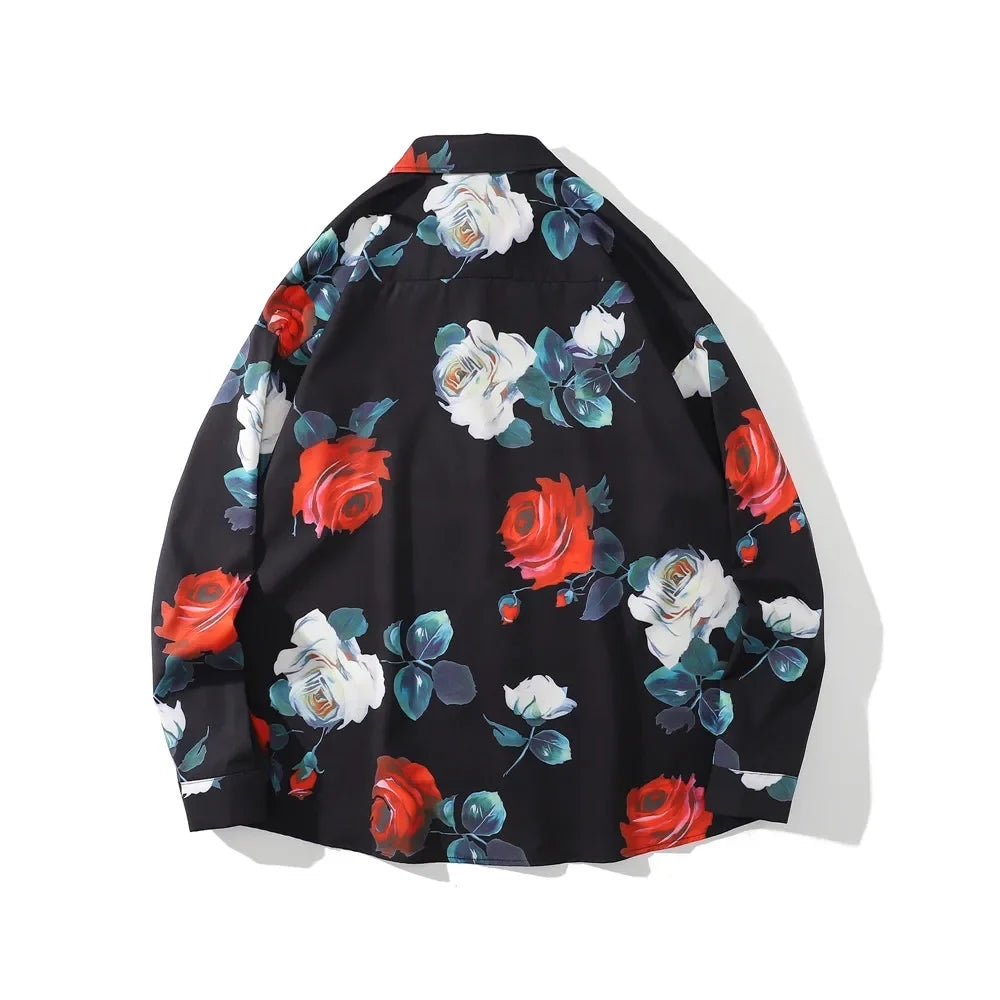 Dark Icon Floral Loose Men's Shirt Long Sleeve Autumn Oversized Shirt Man Black White