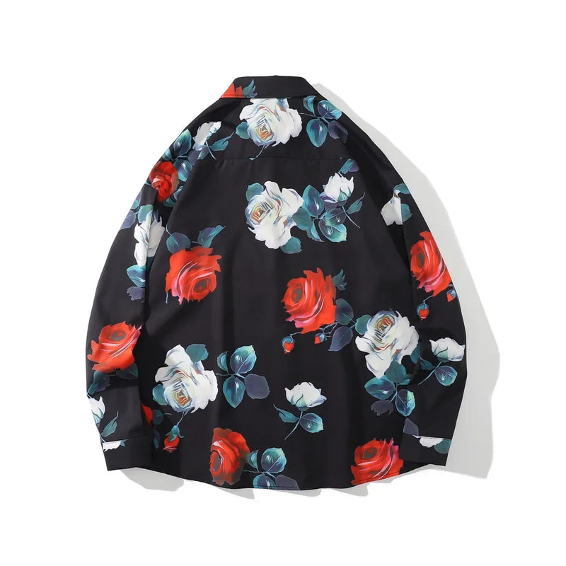 Dark Icon Floral Loose Men's Shirt Long Sleeve Autumn Oversized Shirt Man Black White