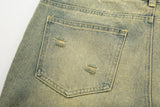 High Street Washed Hole Frayed Yellow Mud Jeans Men's Harajuku Retro Straight Pockets Solid Color Baggy Casual Denim Trousers