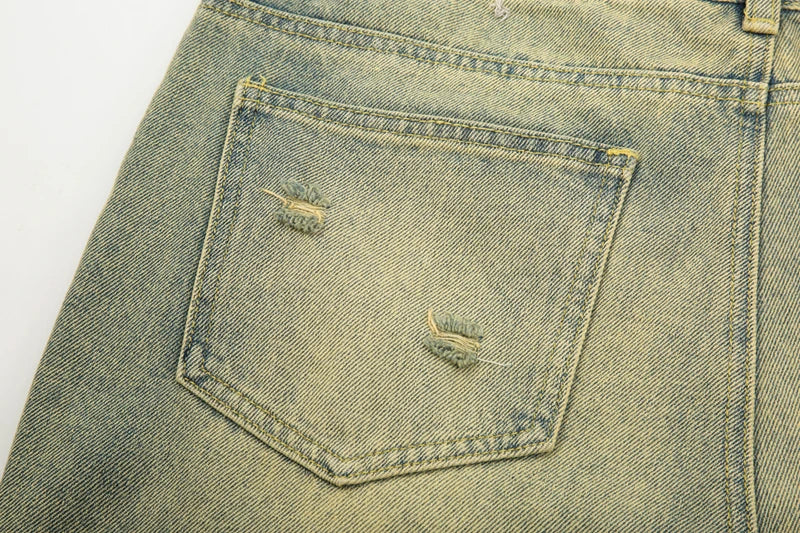 High Street Washed Hole Frayed Yellow Mud Jeans Men's Harajuku Retro Straight Pockets Solid Color Baggy Casual Denim Trousers