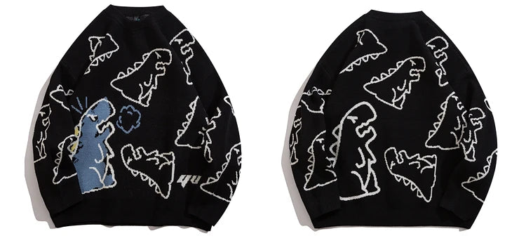 fashion knitted sweater autumn winter o neck dinosaur pattern pullover streetwear unisex casual loose sweaters jumper knitwears Y2K vintage urban hoodie, oversized graphic print design, high quality cotton pullover