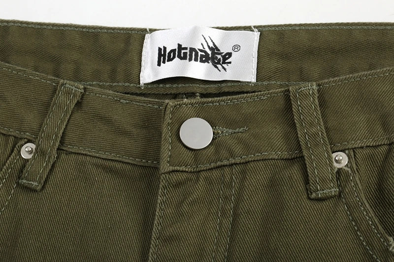 military green cargo jeans pants thin streetwear skinny micro horn ripped jeans hip hop raw edge speckle ink washed slim jeans unique cargo style 3530