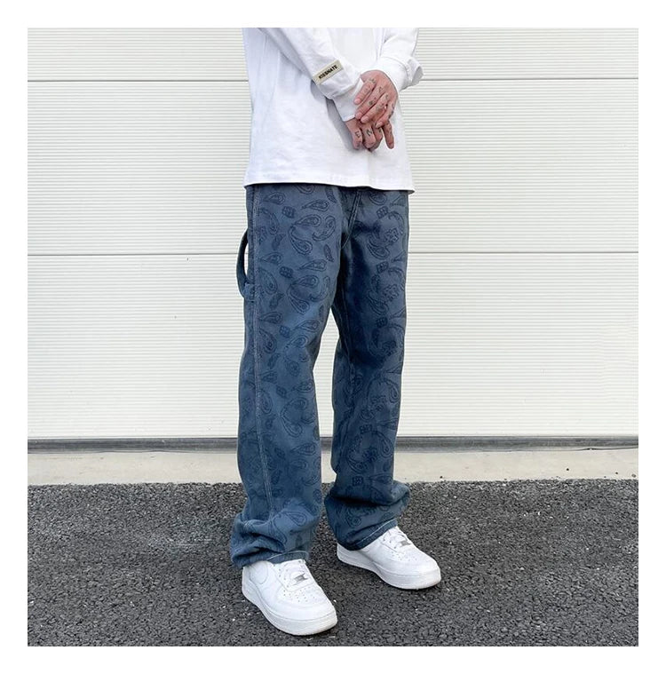 hip hop straight denim jeans pants fashion zipper paisley jeans streetwear mens new casual loose trousers jean pants joggers unique joggers style 4056