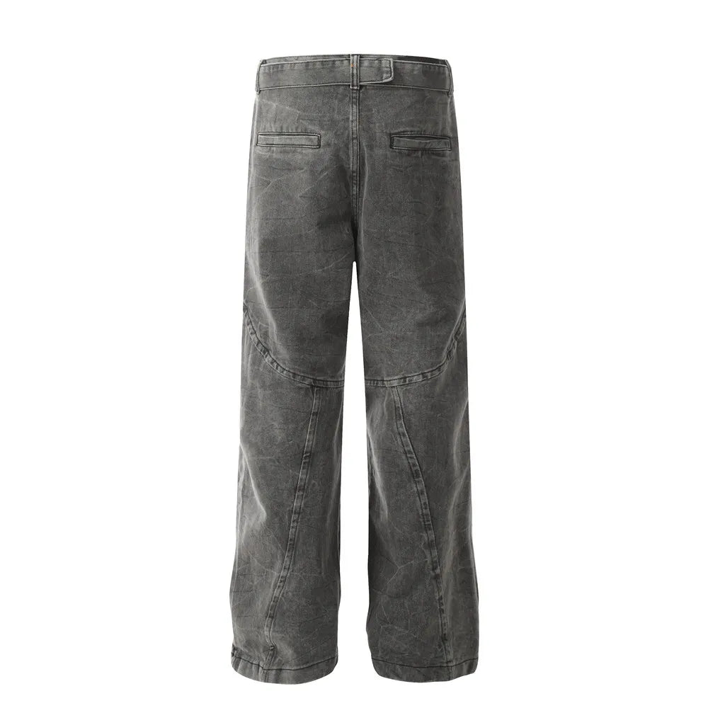 american high street vibe fashion splice jeans mens belt loose casual vintage wide leg straight denim baggy jeans pants trouser unique jeans style 1450