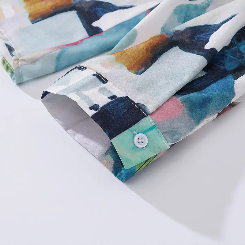 High Street Abstract Colorblock Painting Hawaiian Shirts for Men Autumn Trendy Lapel Single Breasted Long Sleeve Shirt Oversized