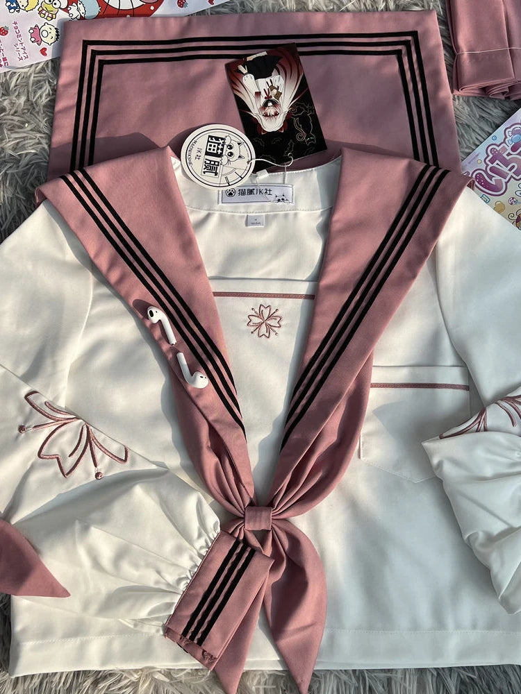 JK Original Kawaii Suit Japanese Genuine Cherry Blossom Embroidered Top + Dark Bad Jk Uniform Skirt Girly Sailor Suit