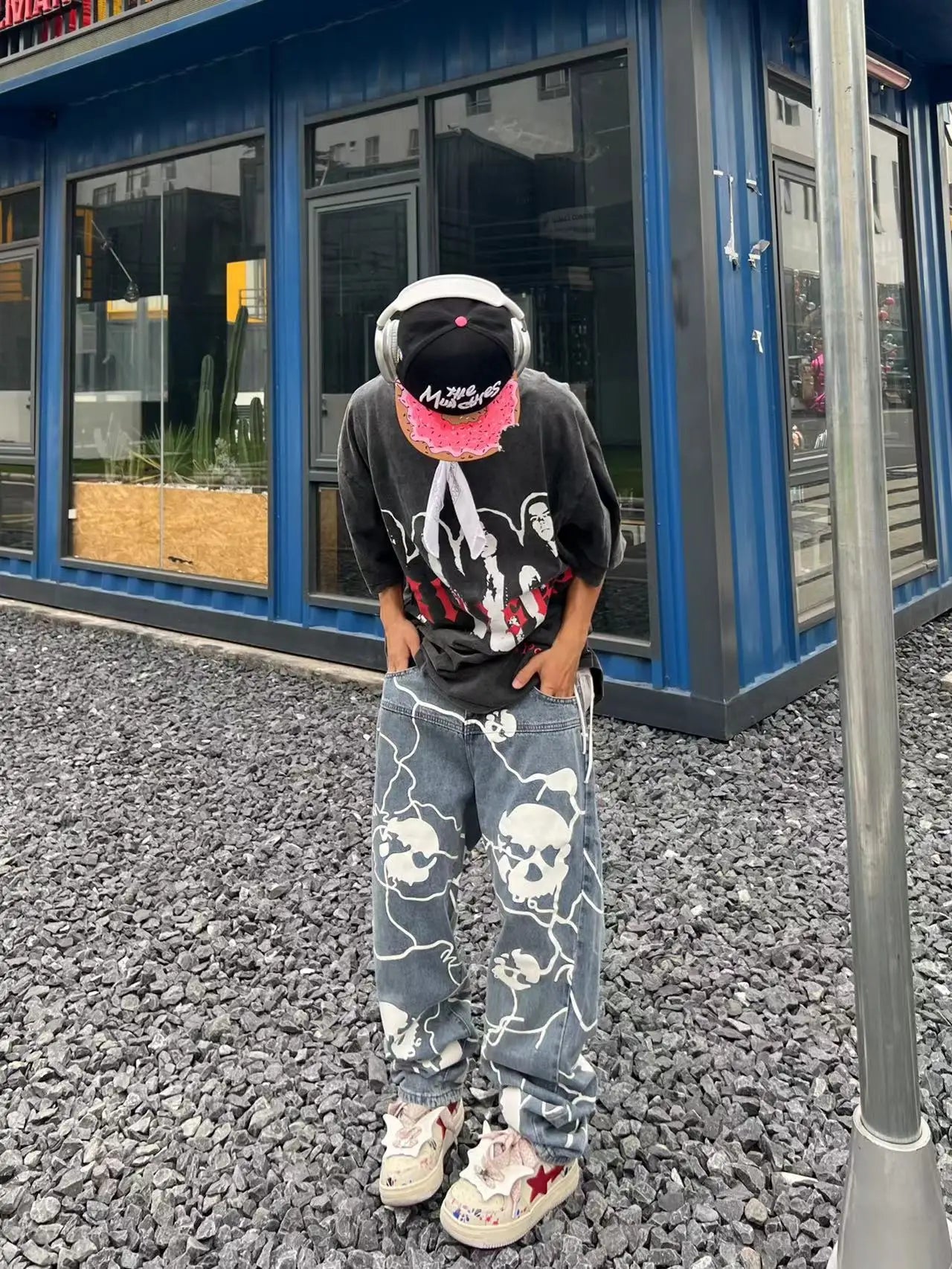 fashion lightning skull printed denim jeans mens unisex casual zipper straight jeans streetwear hip hop y2k jean pants joggers unique joggers style 721
