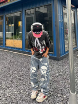 fashion lightning skull printed denim jeans mens unisex casual zipper straight jeans streetwear hip hop y2k jean pants joggers unique joggers style 721