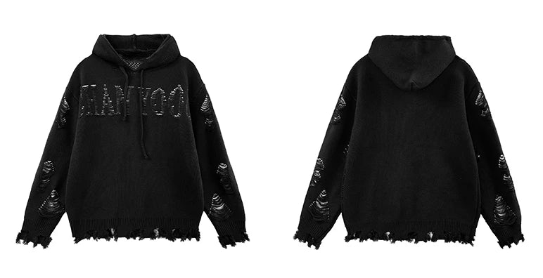fashion ripped letter knitted hooded sweater unisex hoodies ripped bottom holes knit pullover streetwear loose sweaters clothing - trendy hip hop fashion hoodie, graphic printed hoodie for men and women, anime inspired graphic hoodie