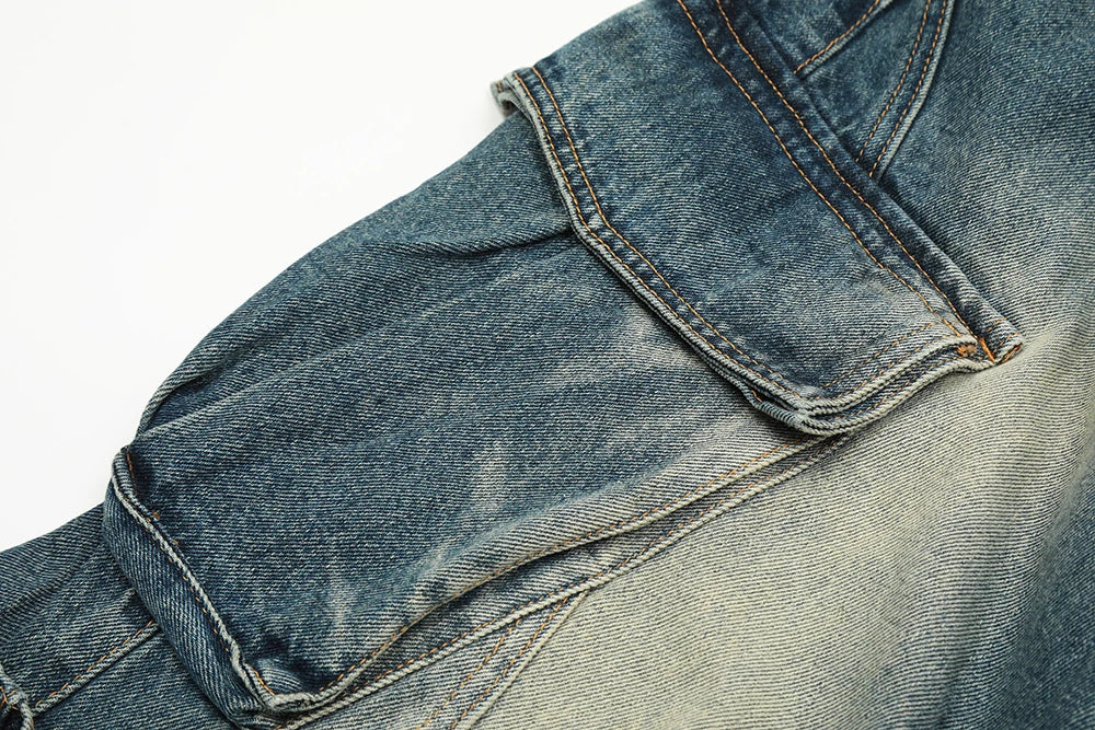 streetwear side pockets pleated washed blue jeans unisex straight baggy y2k denim pants ropa hombre casual cargo pants oversized military streetwear pants