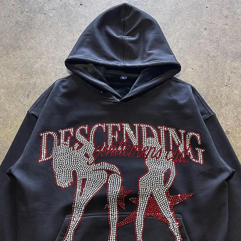 y2k vintage pullover hoodie long sleeve sweatshirt high street hip hop punk hot rhinestone glittery oversize clothes go school