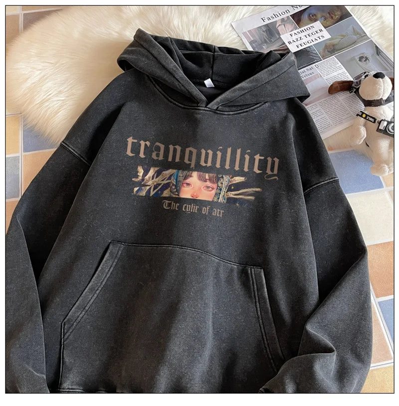 New Art Owl Girl Graphic Print Hoody Sweatshirts For Men Washed Distre