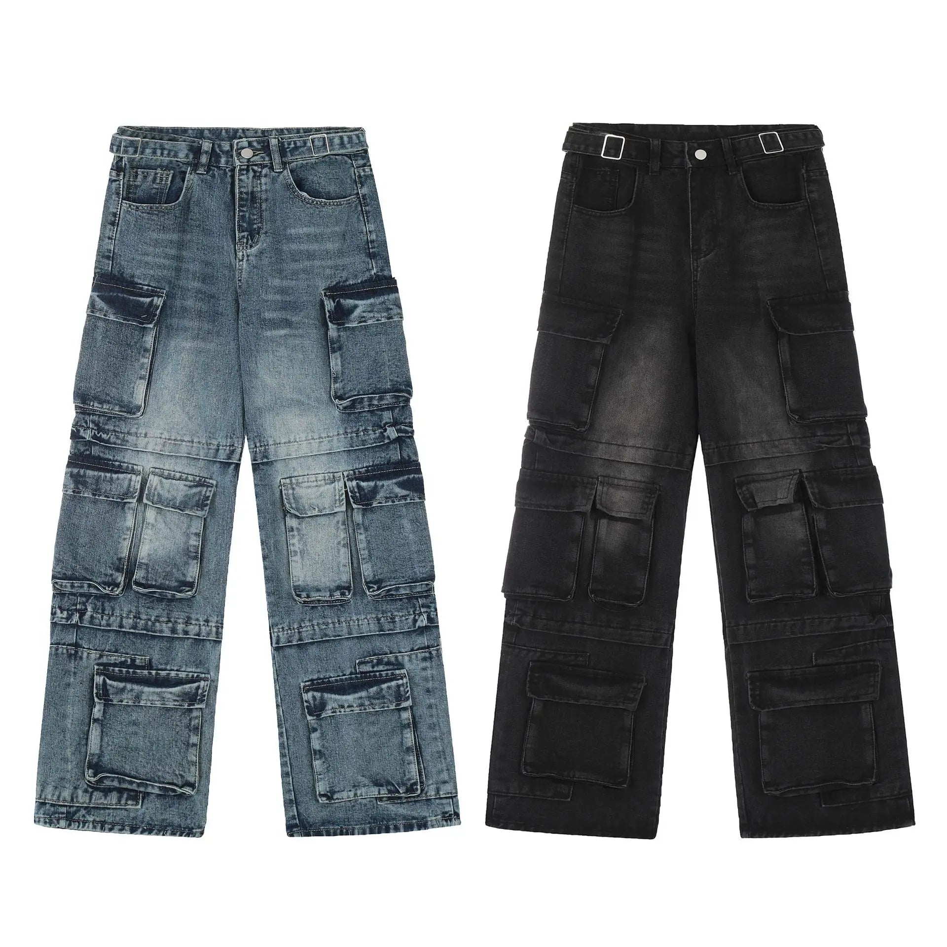 vintage multi pocket jeans mens harajuku cargo denim pants retro hip hop straight loose jean pants men clothing 1 military streetwear pants