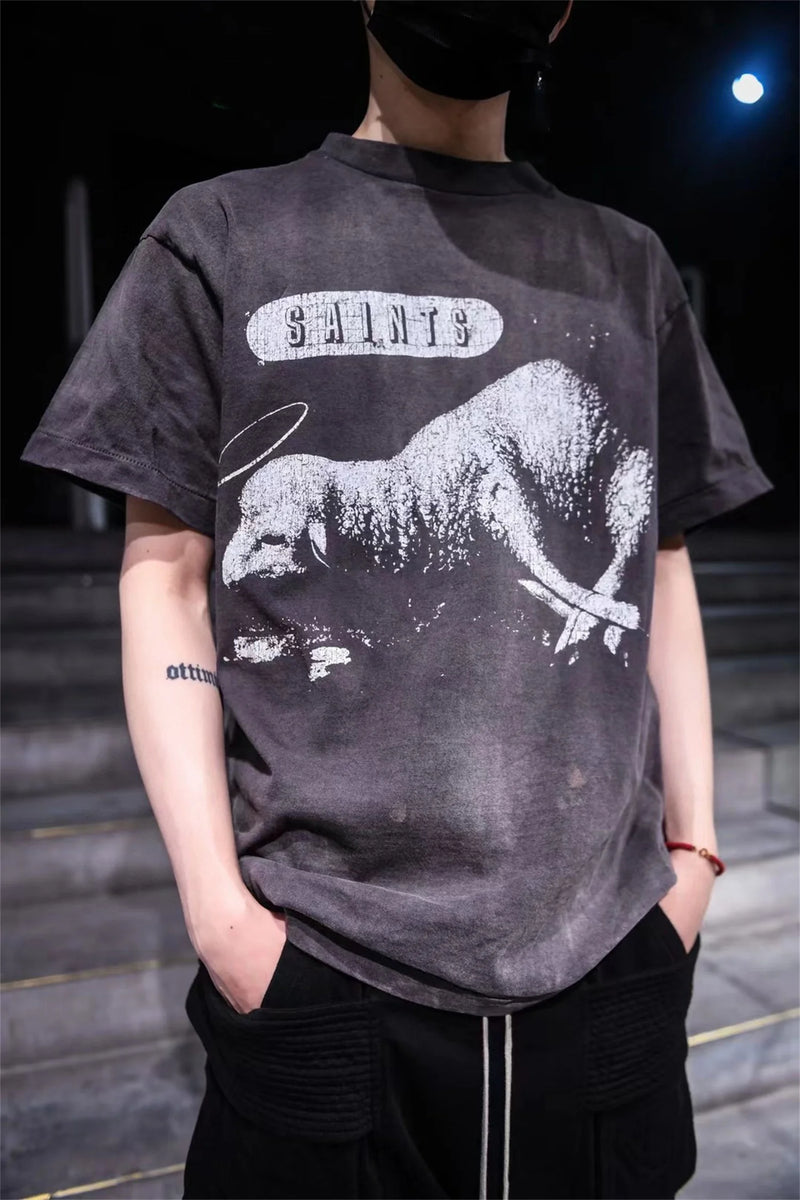 Trapwear Oversized shirt – 2024 Summer Vintage Fashion Charcoal Black Split Print Sheep