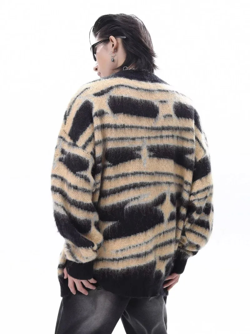 japanese hip hop sweater set men contrast zebra pattern round neck knit top splicing distressed loose jeans 2 pcs harajuku suit unique jeans style 4524