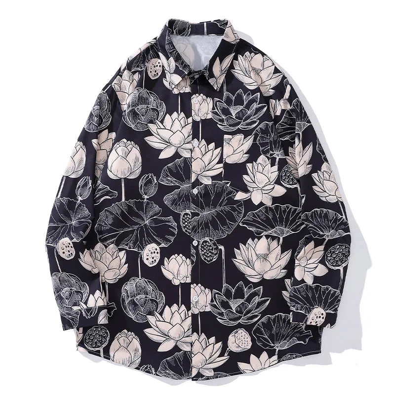 High Street Lotus Flower Graffiti Printed Long Sleeve Shirts For Men A
