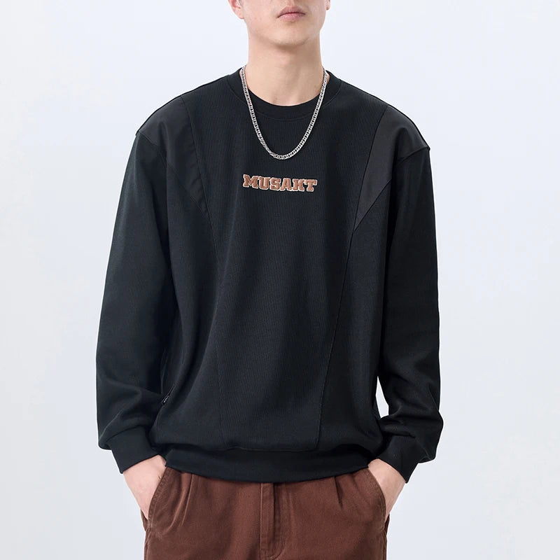 Men Handsome Splice Embroidery Fashion Loose Casual Pullover Sweatshir