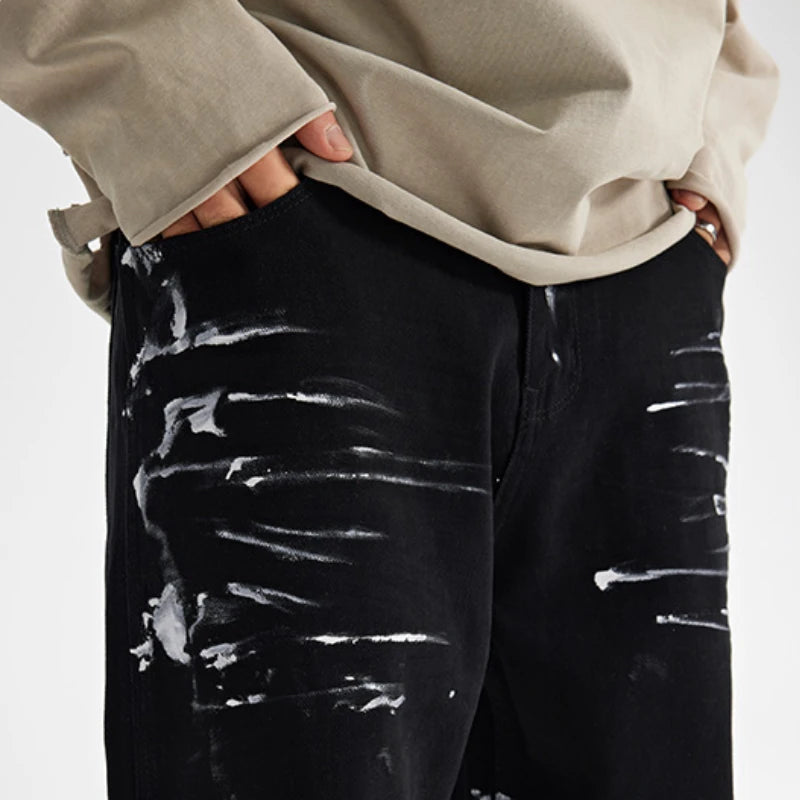 fashion graffiti printed denim jeans mens unisex casual zipper straight jeans streetwear hip hop loose black jean pants joggers unique joggers style 4272