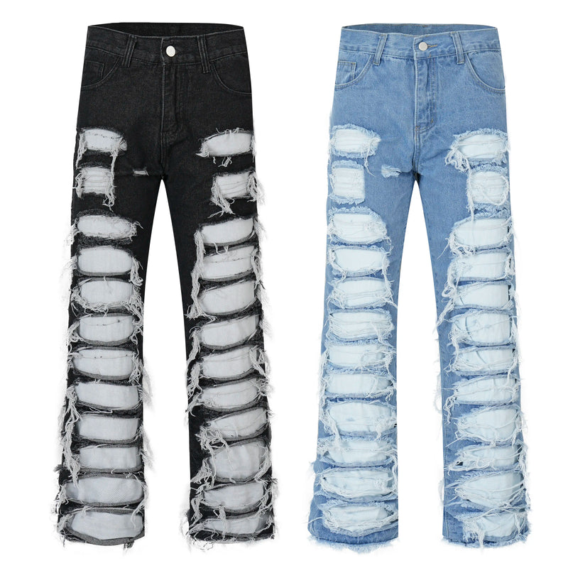 fashion destroyed ripped tassel holes denim jean pants mens casual loose straight baggy y2k jeans hip hop streetwear joggers unique joggers style 5