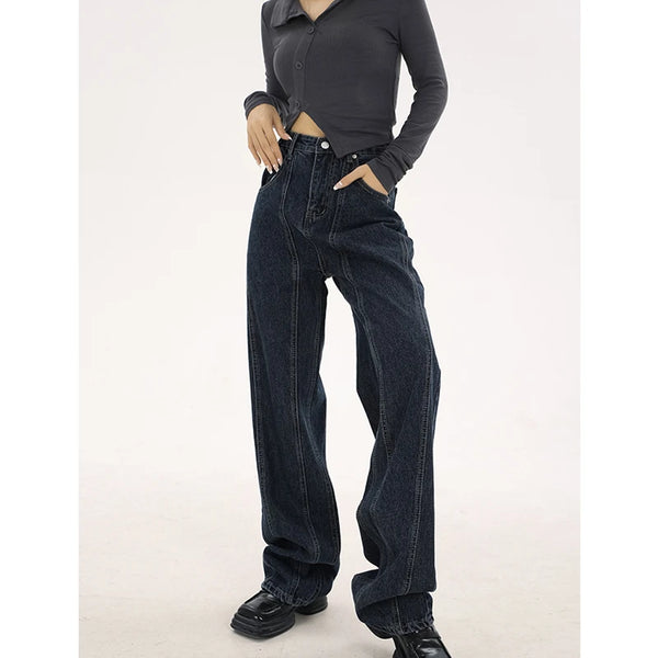 navy blue vintage jeans womans high waist summer wide leg denim trouser baggy streetwear chic design ladies straight jean pants urban skinny jeans