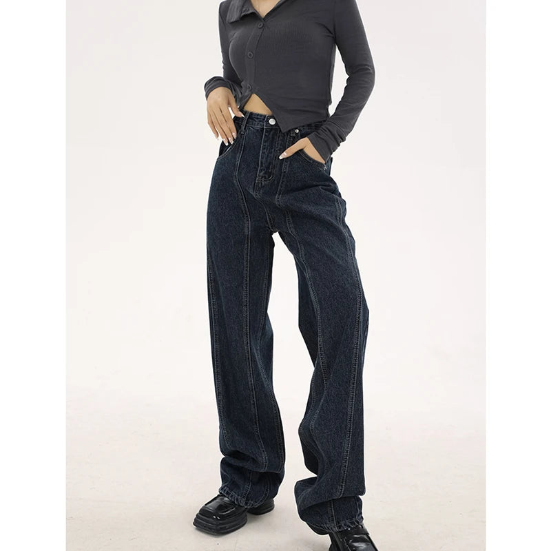 navy blue vintage jeans womans high waist summer wide leg denim trouser baggy streetwear chic design ladies straight jean pants urban skinny jeans